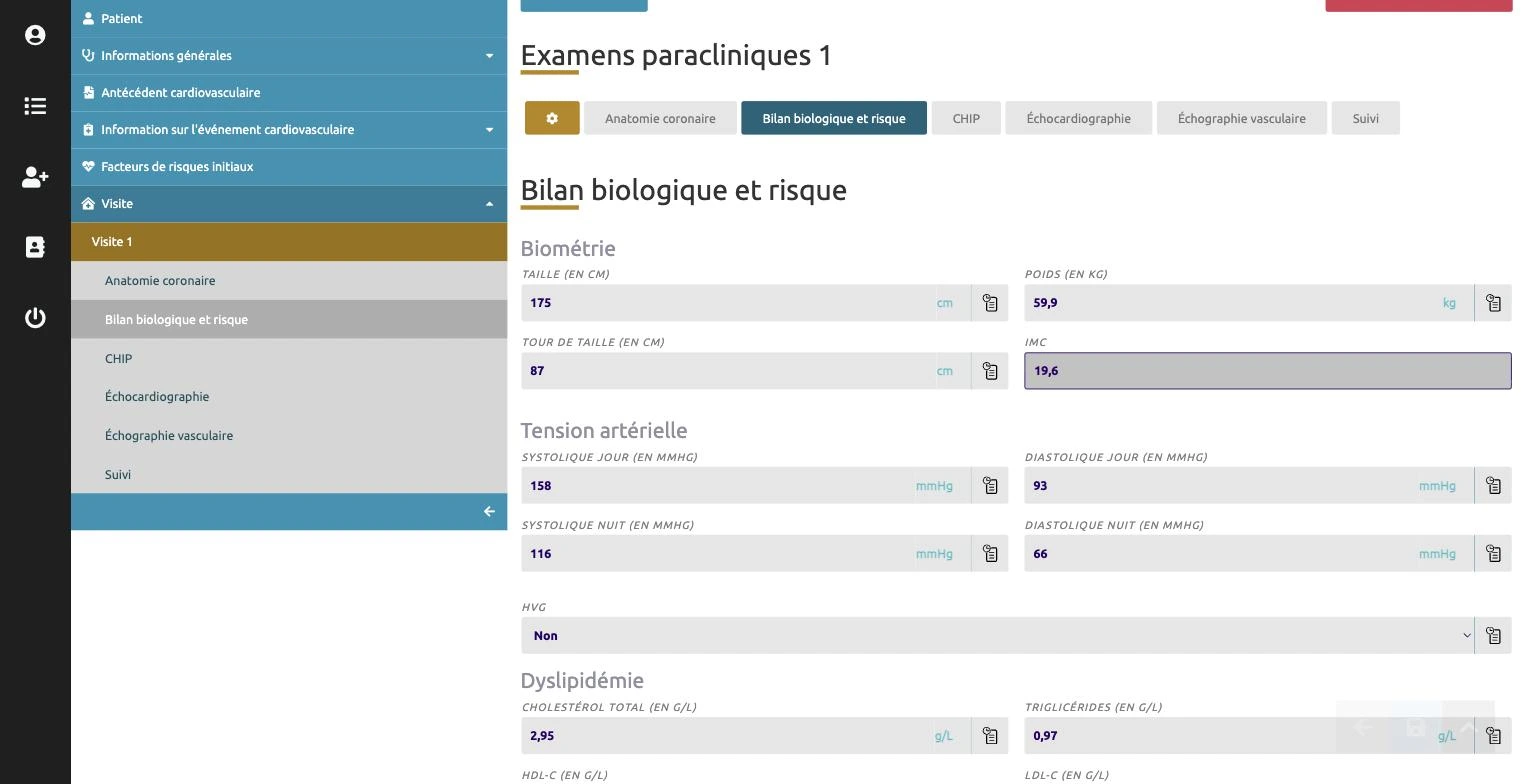 Bilan biologique d’une visite dans Horus : biométrie, tension artérielle, dyslipidémie