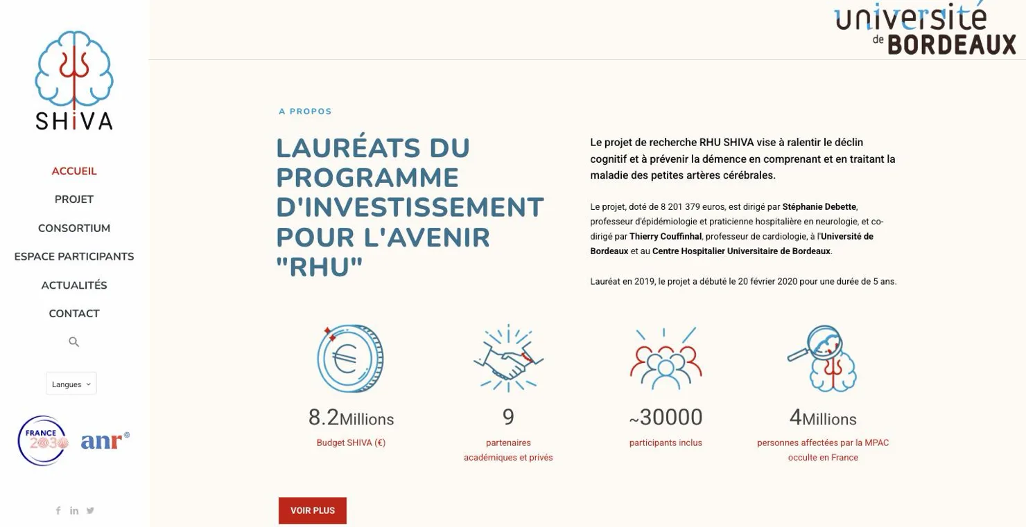 Section à propos du site SHIVA, avec les quatre chiffres clés du programme