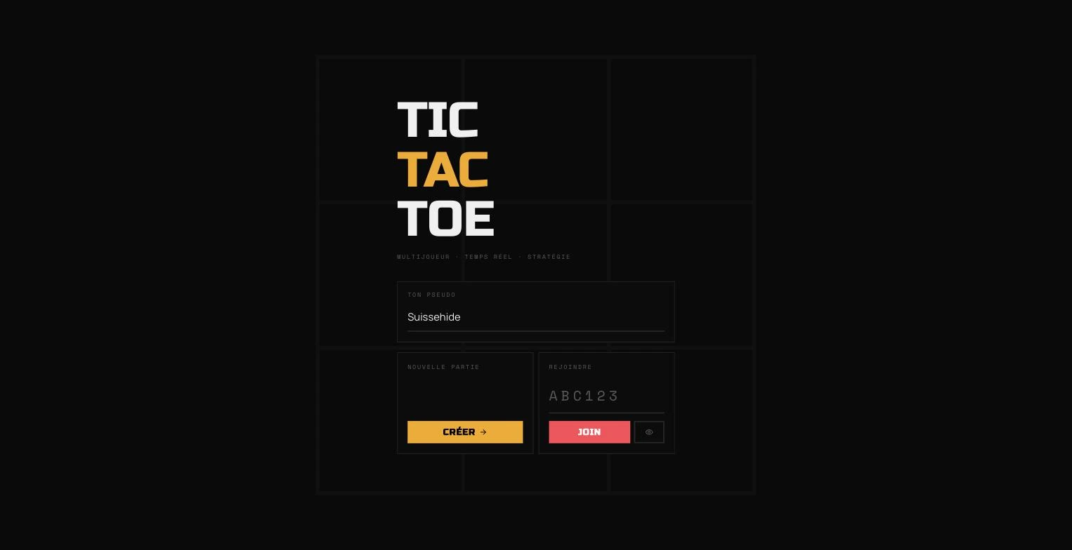 Écran d’accueil de Tic-Tac-Toe, création ou reprise d’un salon